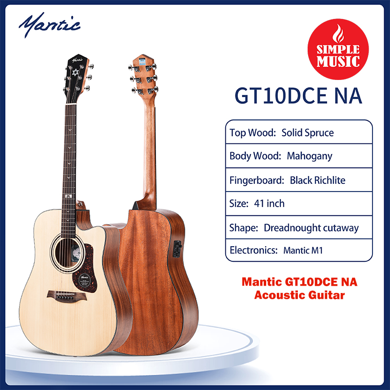 Mantic GT-10DCE 41 Dreadnaught Cutaway Natural Electro Acoustic Guitar(Solid Top)